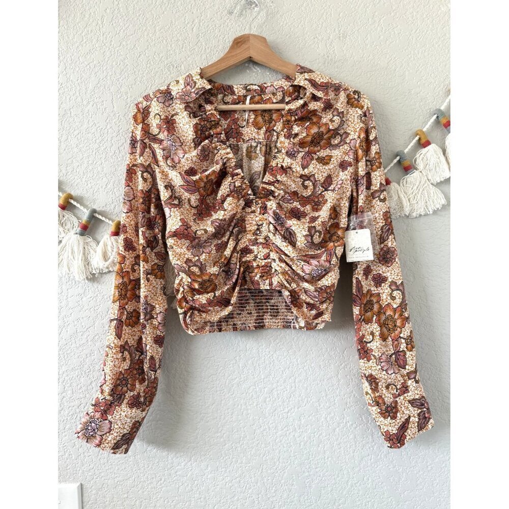 Free People I Got You Printed Top Orange Floral Ruched Boho Fall Coquette NWT XS